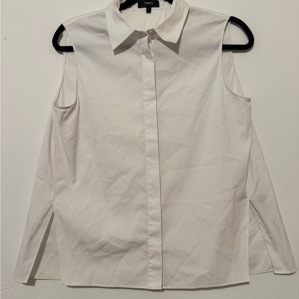 White Sleeveless Spread Collar Button Down Blouse